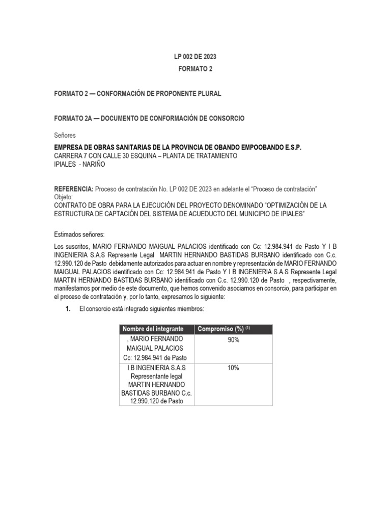FORMATO 2 — CONFORMACIÓN DE PROPONENTE PLURAL (2) | PDF