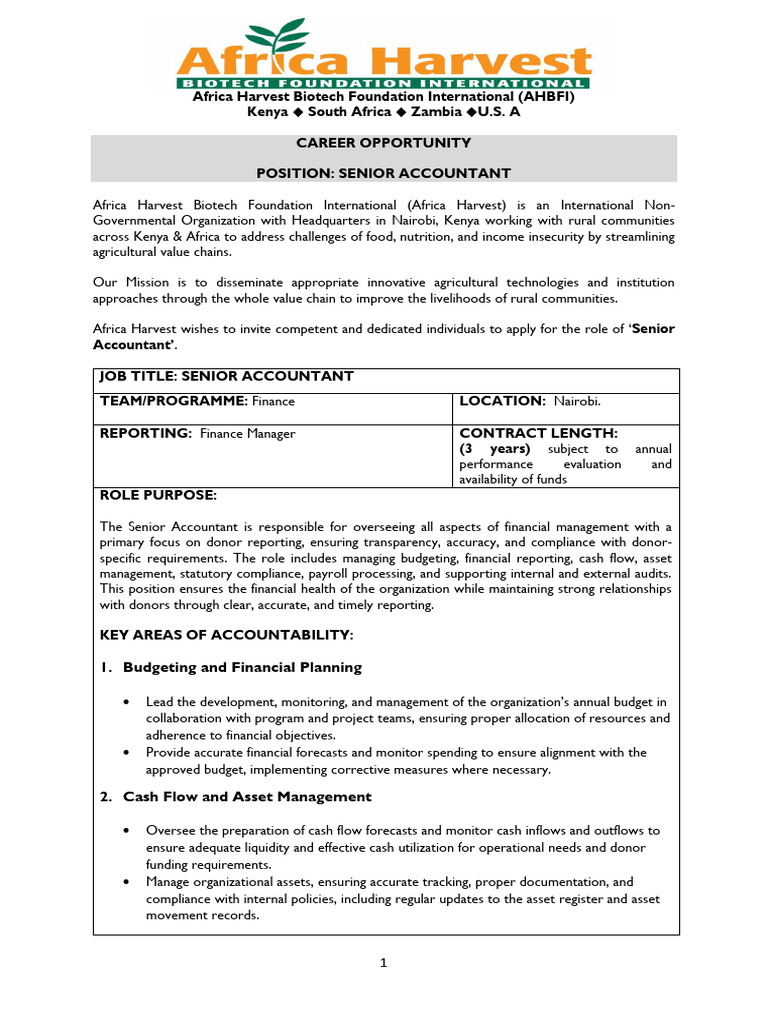 Senior Accountant Position at Africa Harvest | PDF | Audit | Internal ...