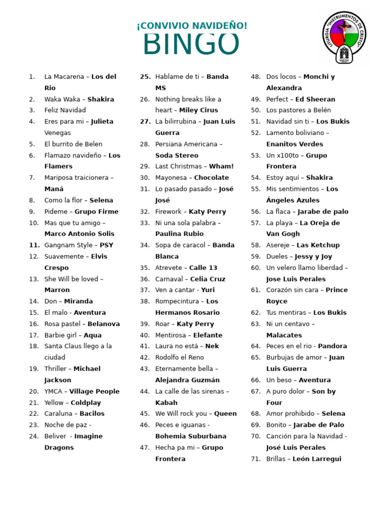 Bingo Musical Navideño: Lista de Canciones | PDF | Musica en español ...