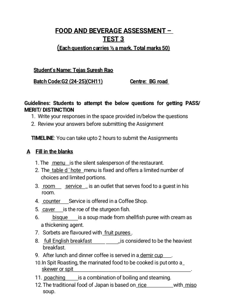 Food and Beverage Assessment Test 3 | PDF | Sauce | Salad