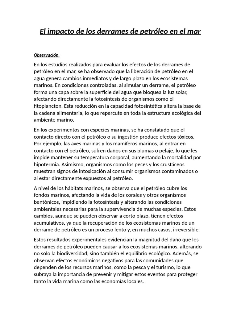 Efectos de derrames de petróleo en el mar | PDF | Derrame de petróleo ...