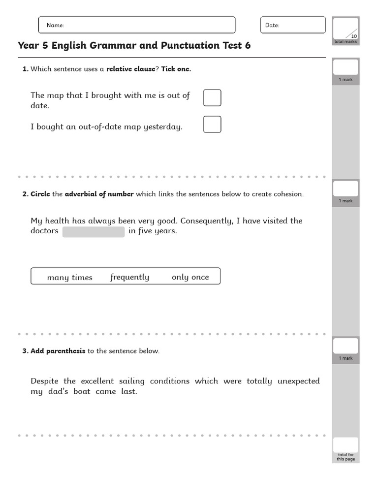 YEAR 5 TITLE - English Grammar and Punctuation Test 6 | PDF | English ...