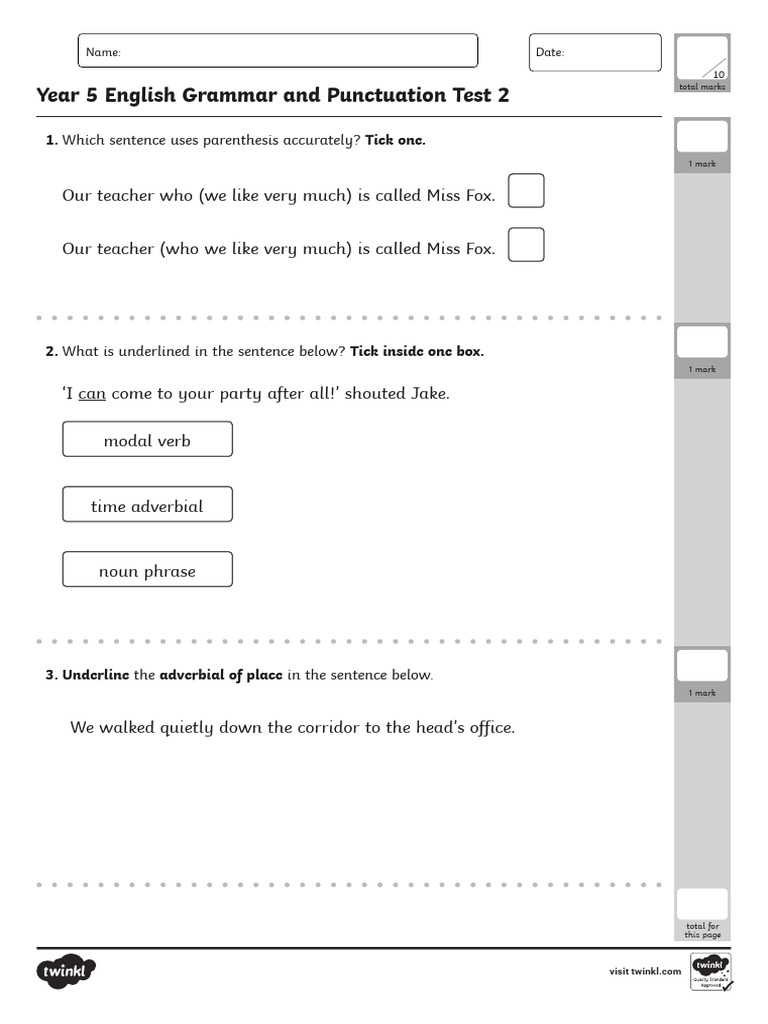 Year 5 Grammar and Punctuation Test 2 | PDF | English Grammar ...