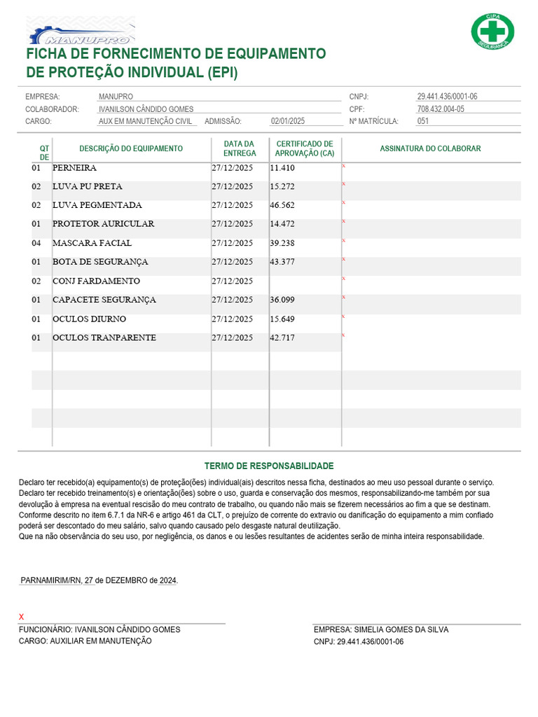 Ficha de EPI - Ivanilson Gomes | PDF | Direito Privado | Direito Comercial