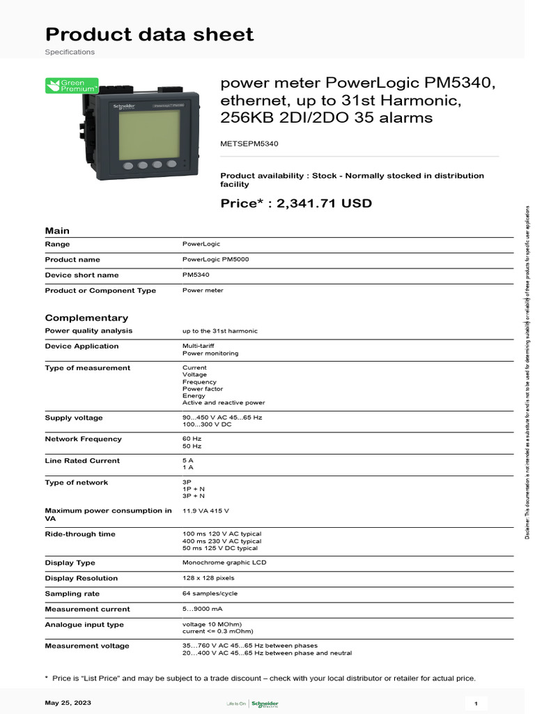 PowerLogic PM5340 Power Meter Data Sheet | PDF | Alternating Current ...