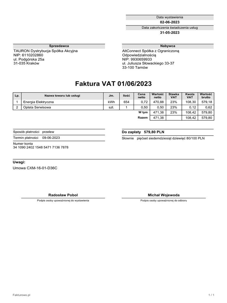 Faktura Vat 01 06 2023 | PDF