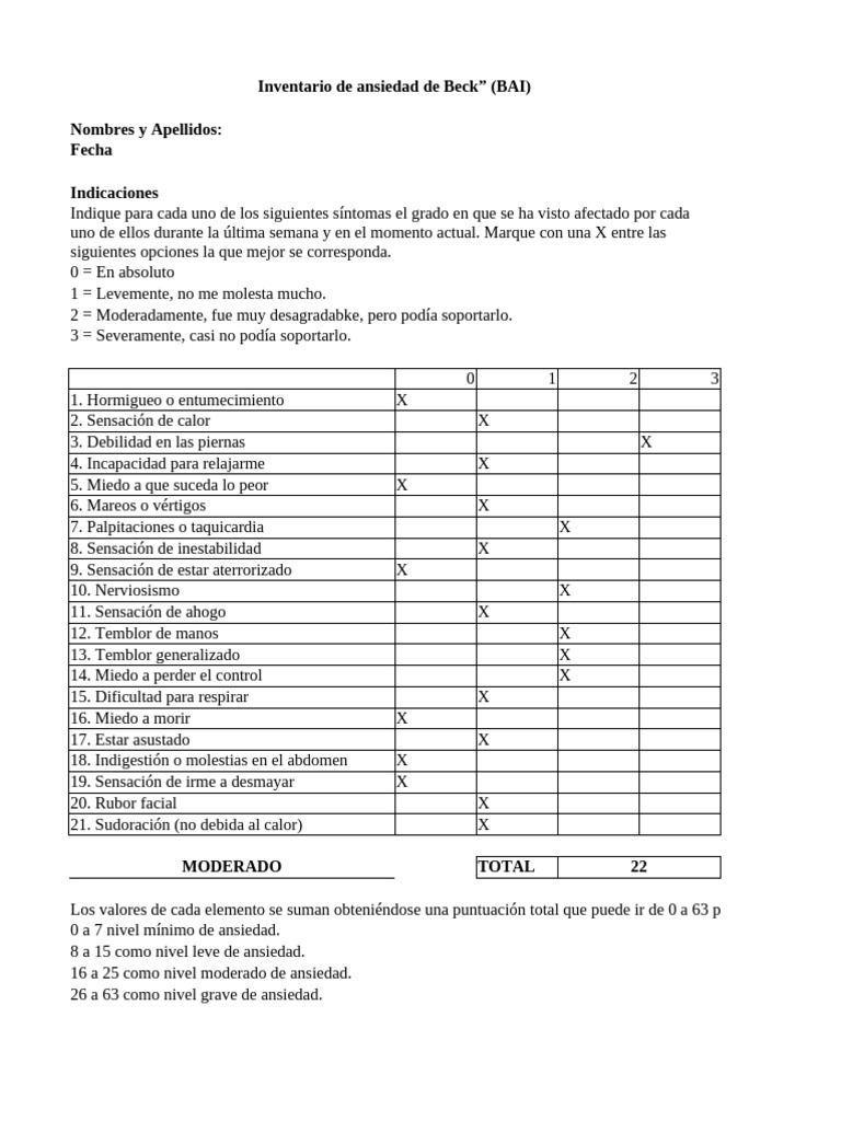 Inventario de Ansiedad de Beck (BAI) | PDF