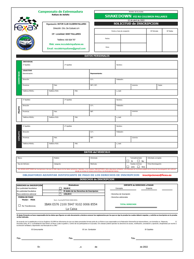 Inscripción Rally Shakedown Culebrin 2022 | PDF | Vehículo de motor