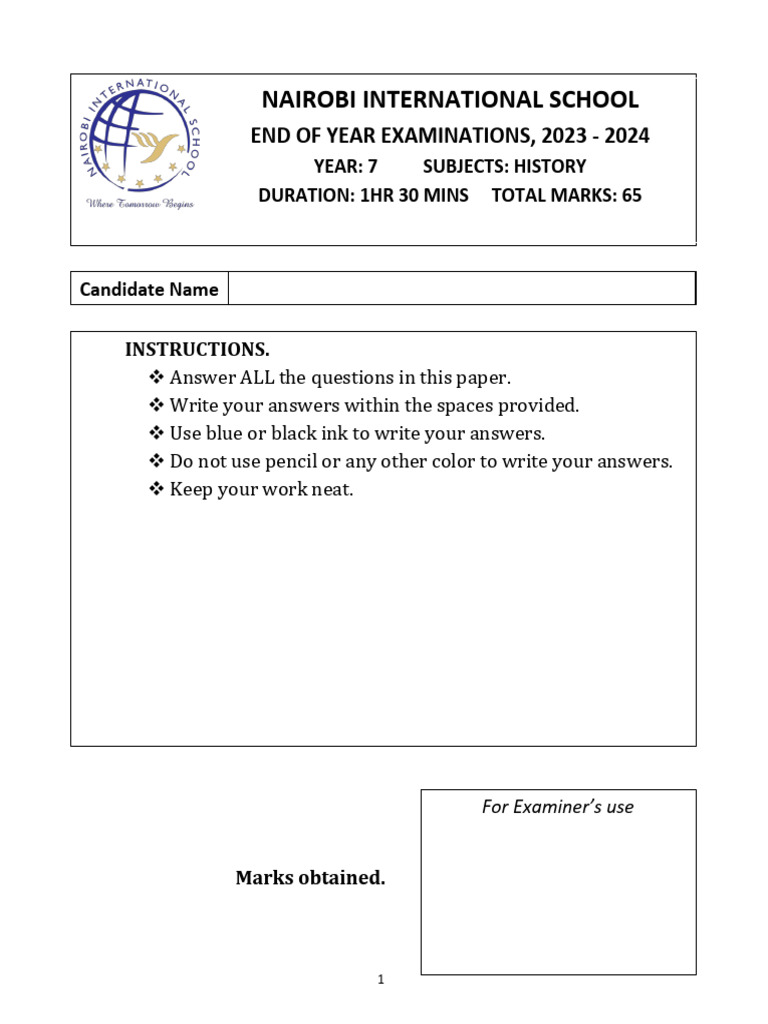 Year 7 End Year Exam 2024 63copies | PDF