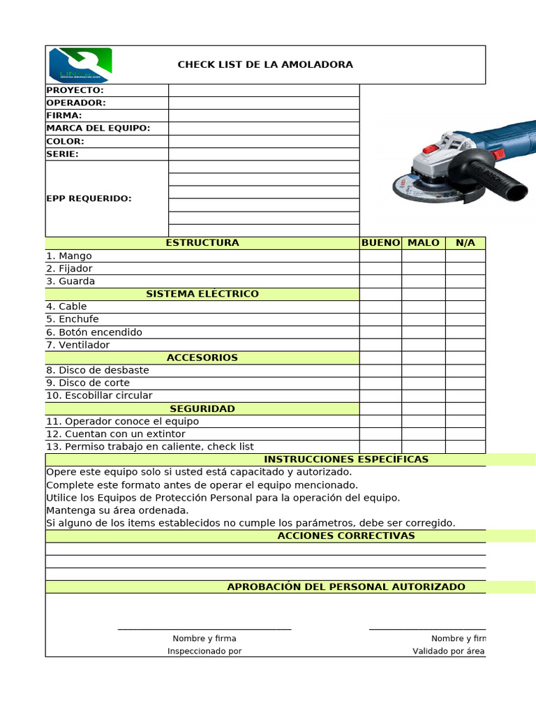 Check List Amoladora: Seguridad y Operación | PDF