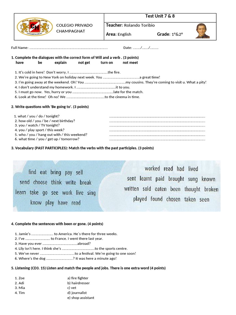 1°&2° Grade - Test Unit 7 & 8 | PDF | Language Mechanics | Linguistic ...