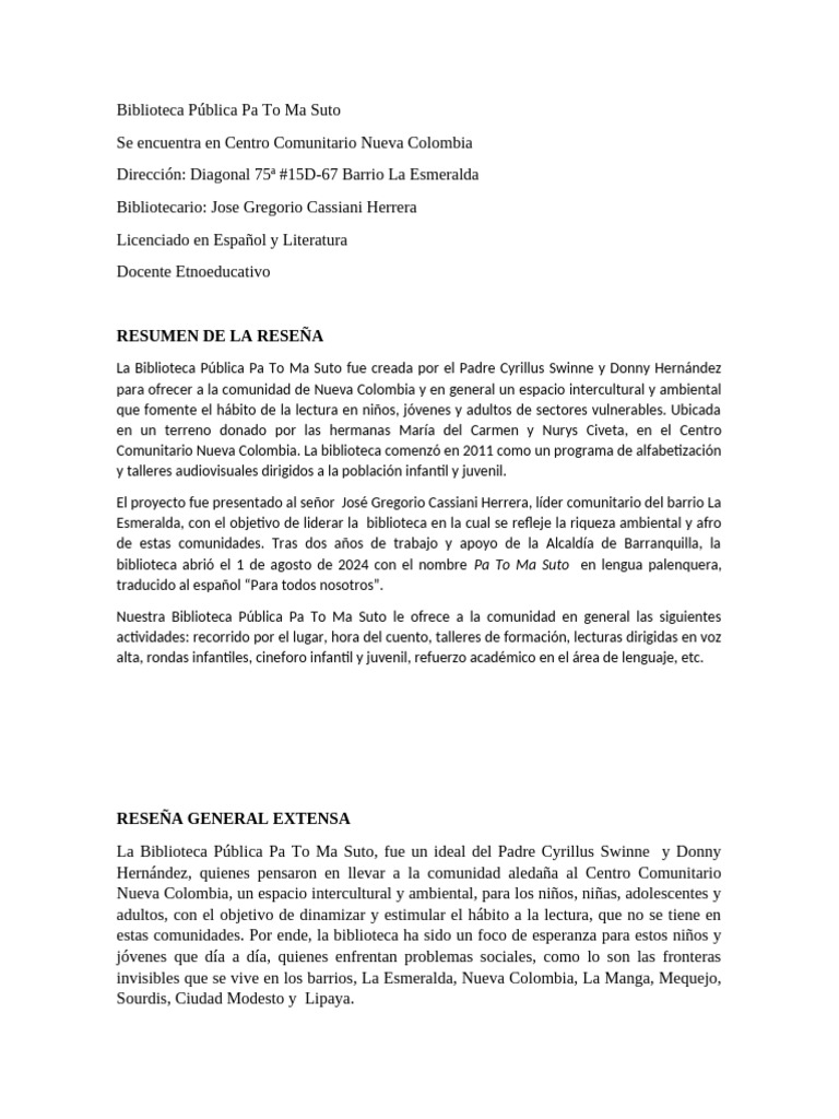 Reseña - Biblioteca - Pa To Ma Suto - Jose Cassiani | PDF
