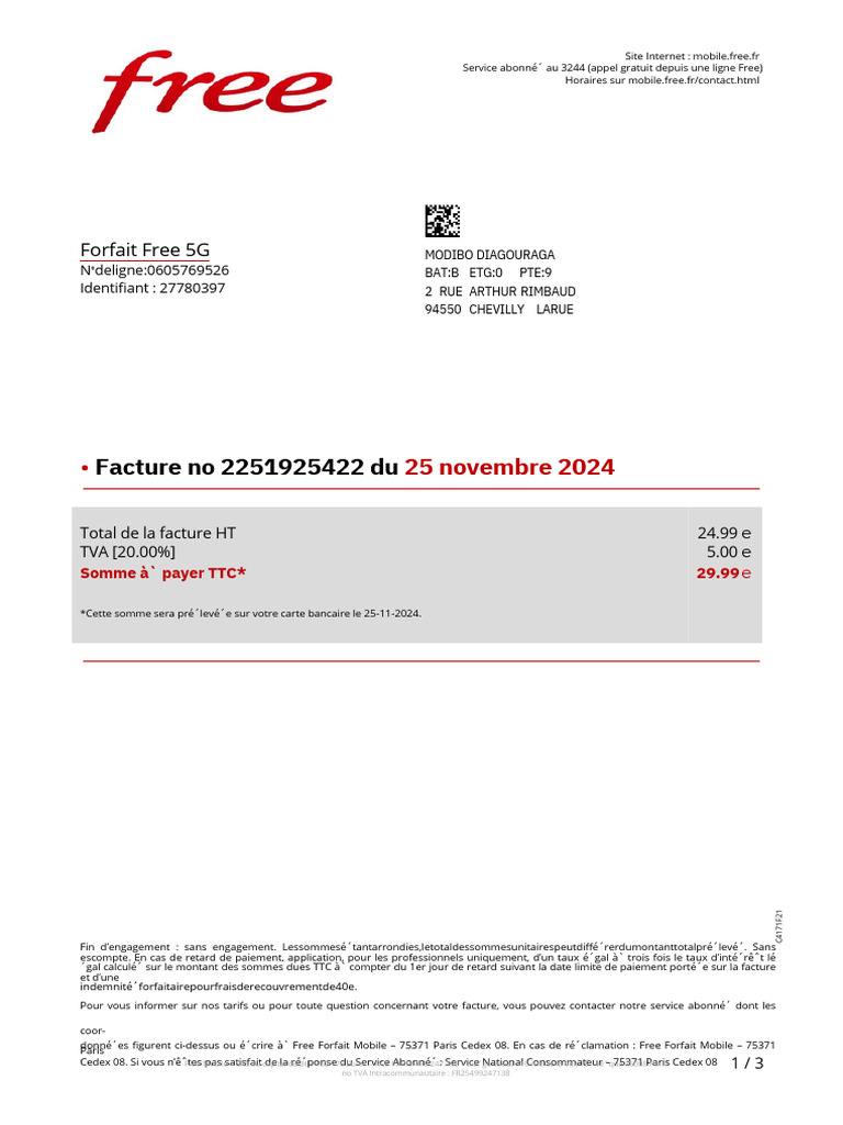 Facture Free Mobile - Novembre 2024 | PDF | Taxe sur la valeur ajoutée ...