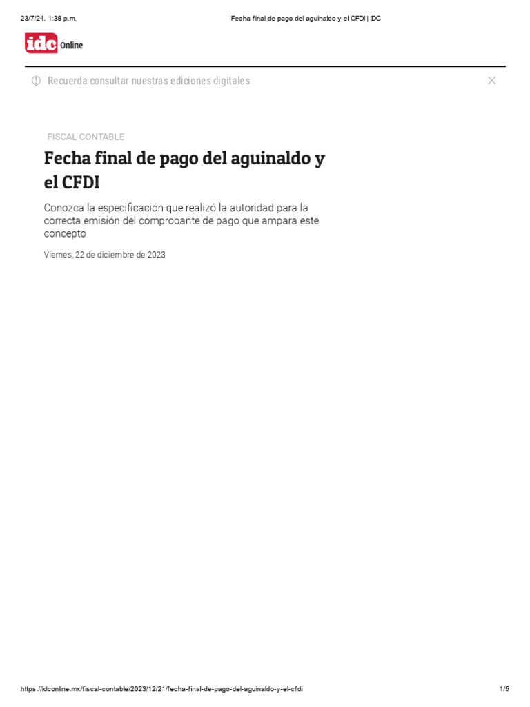 Fecha Final de Pago Del Aguinaldo y El CFDI - IDC | PDF