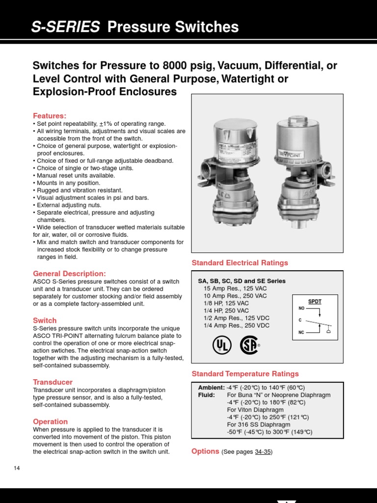 ASCO S-Series Pressure Switch Overview | PDF | Switch | Gases