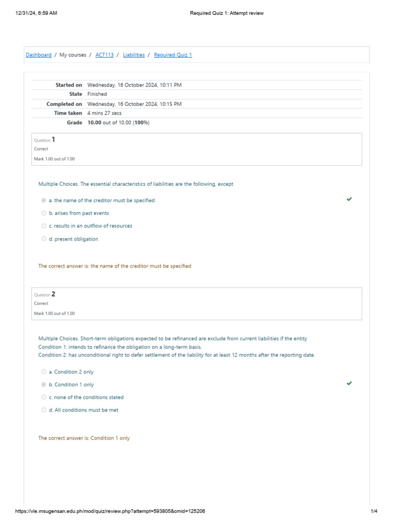 Required Quiz 1 - Attempt Review | PDF | Business Law | Debt