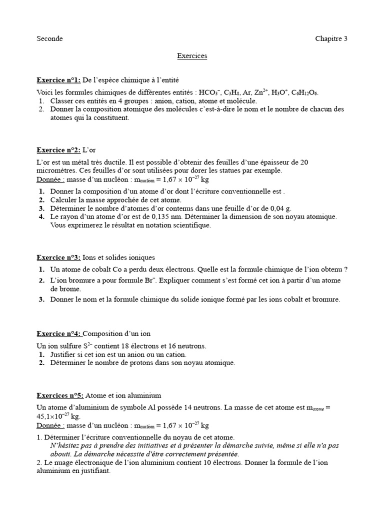 Exercices sur atomes et ions en seconde | PDF | Atomes | Ion