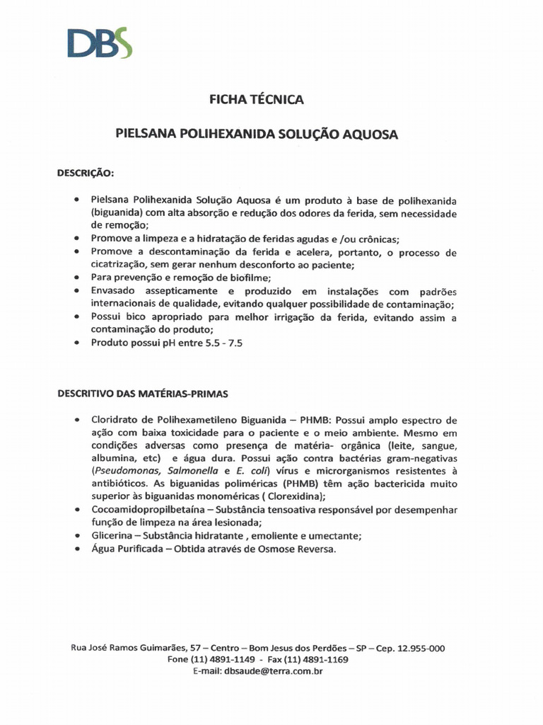 Ficha Técnica Pielsana Polihexanida Solução Aquosa | PDF