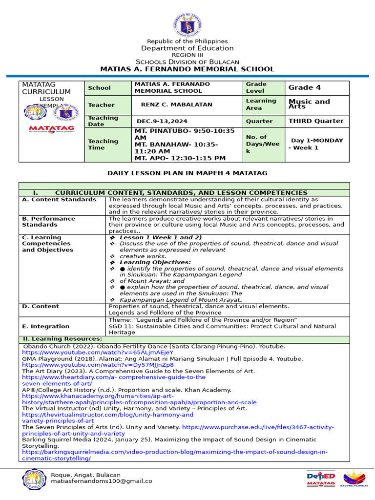 Grade 4 MAPEH Lesson Plan Q3W1 | PDF