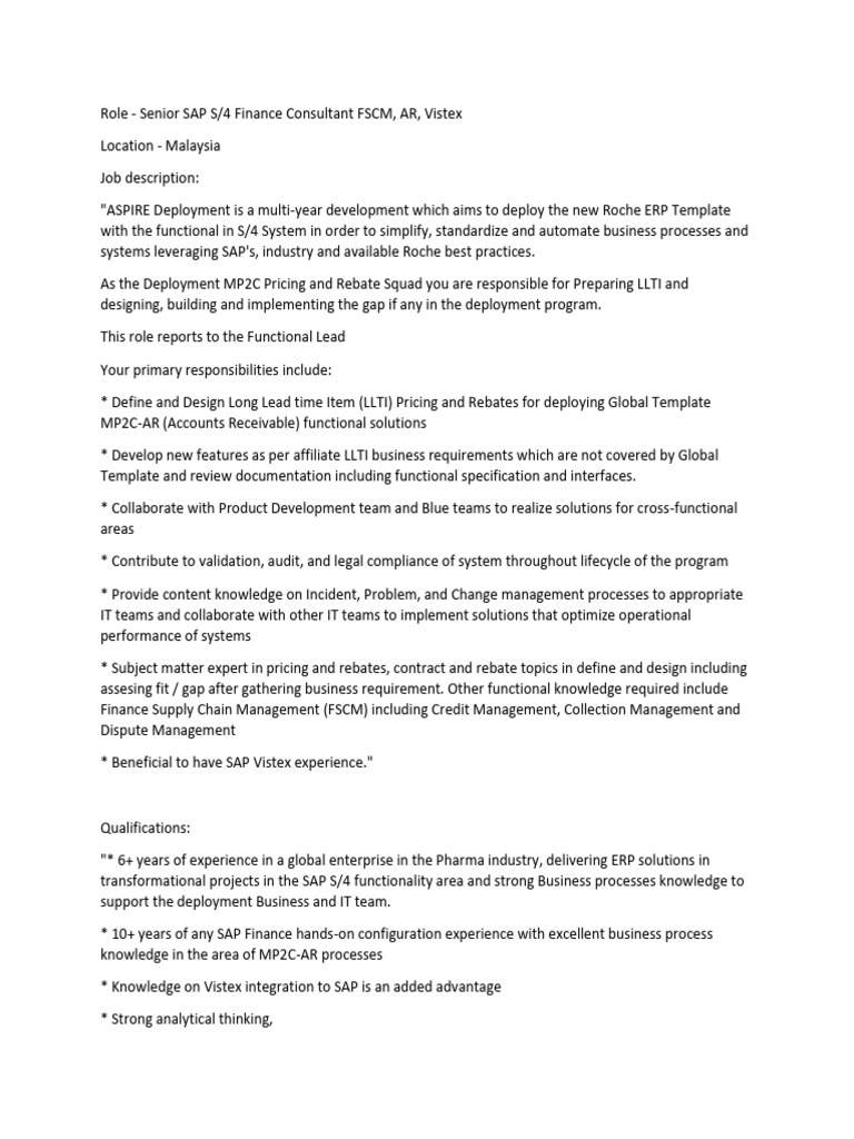 Senior SAP S/4 Finance Consultant Role | PDF | Enterprise Resource ...