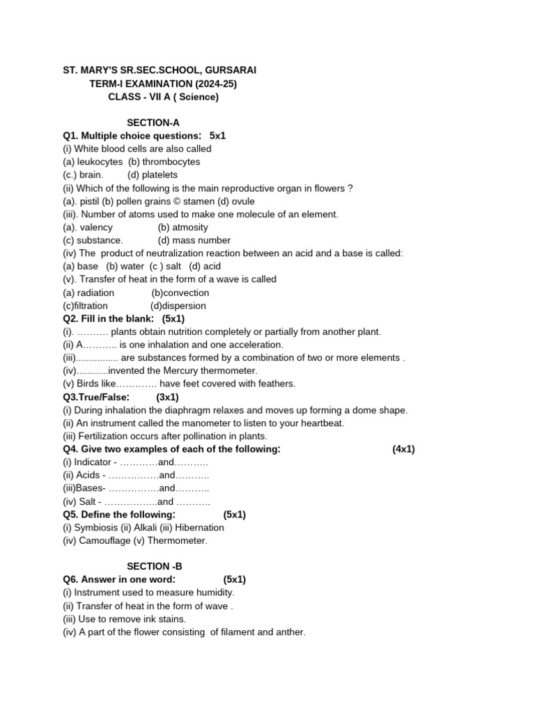 Class - 7 A Science Term - 1 (2024-25) - 1 | PDF | Flowers