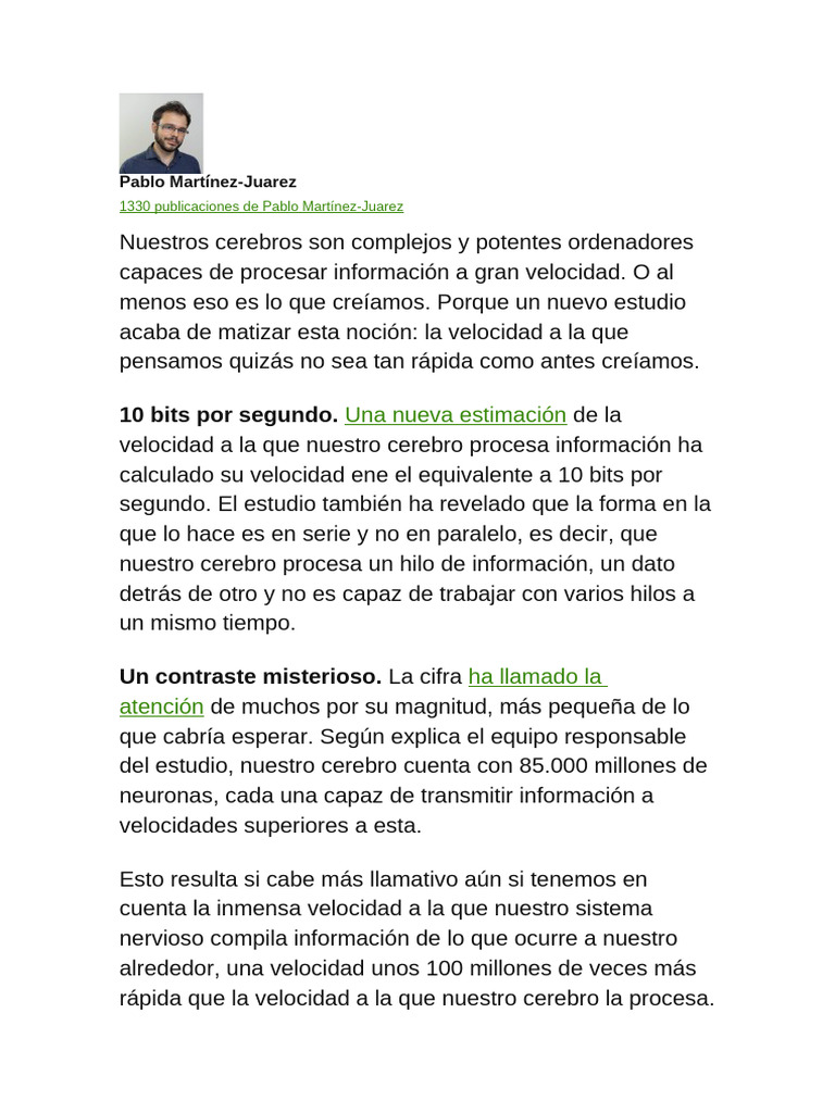 Cerebro: Procesa 10 Bits/Segundo | PDF
