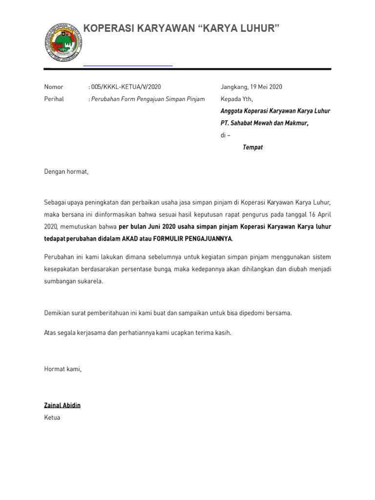 Surat Perubahan Form Pengajuan Simpan Pinjam Rev | PDF