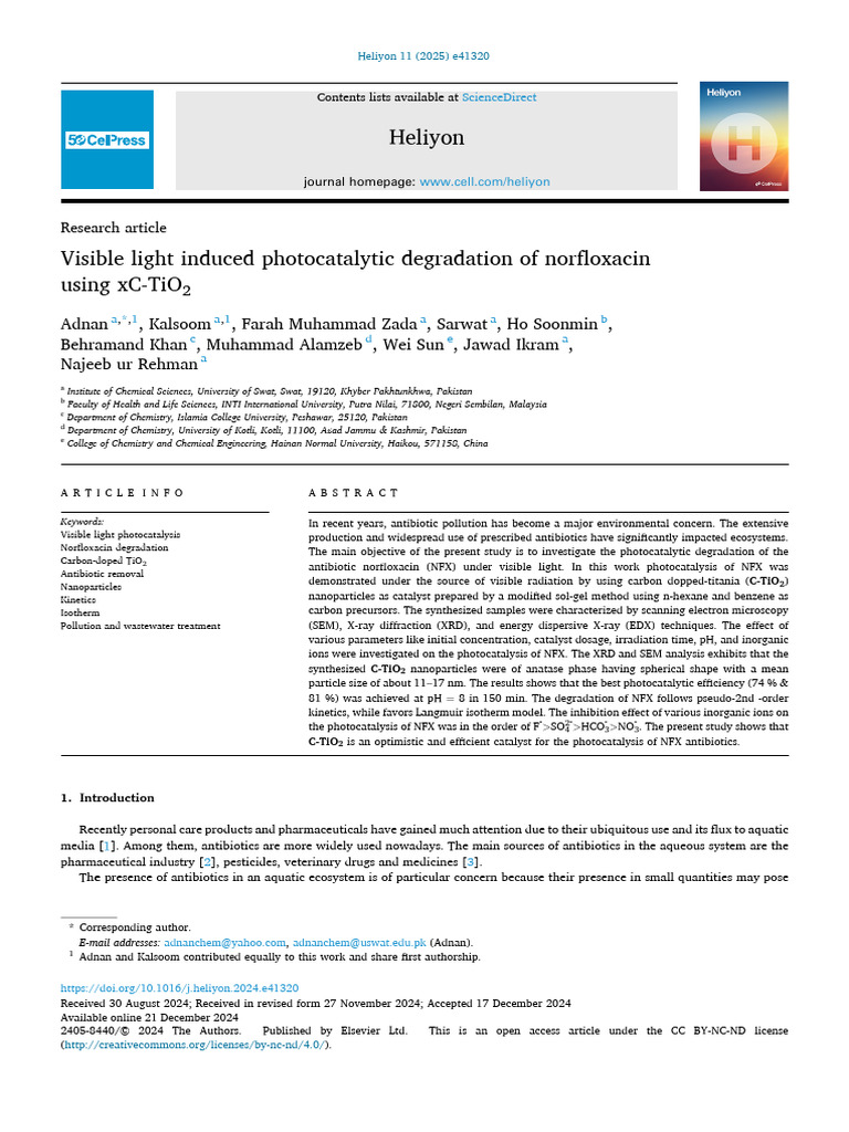 Visible Light Induced Photocatalytic Degradation of Norfloxacine Using ...