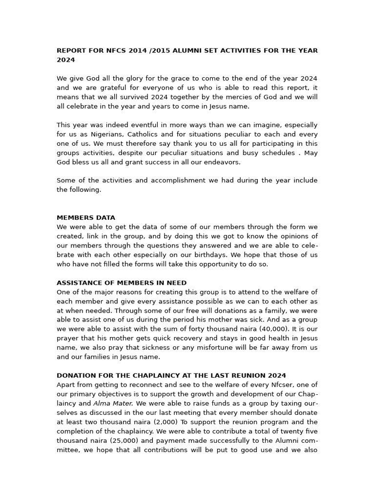 NFCS 2014/2015 Alumni Year-End Report | PDF | Theology | Religious ...