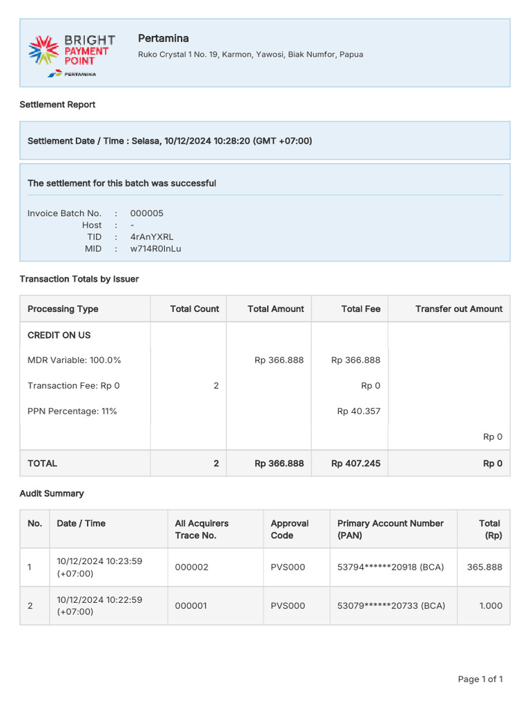 Pertamina Settlement Report Summary | PDF
