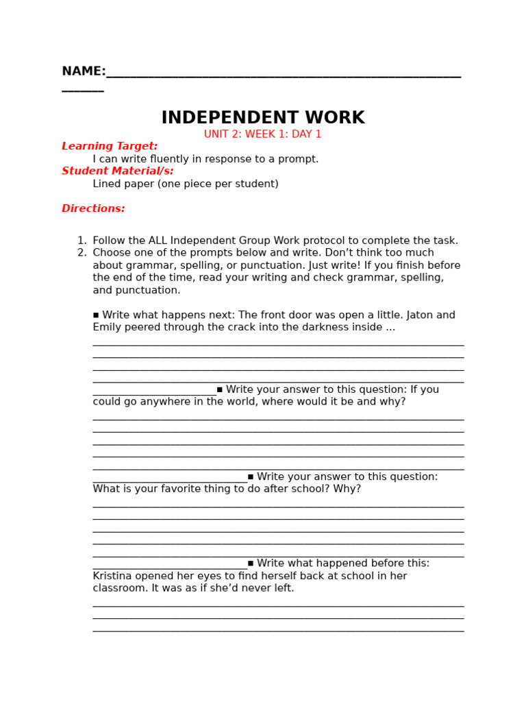 Independent Writing Prompts for Students | PDF | Learning | Applied ...