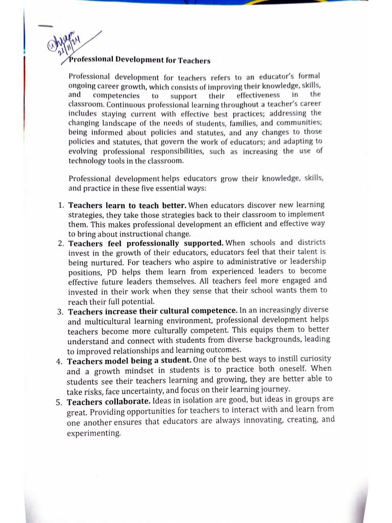 Professional Development For A Teacher | PDF