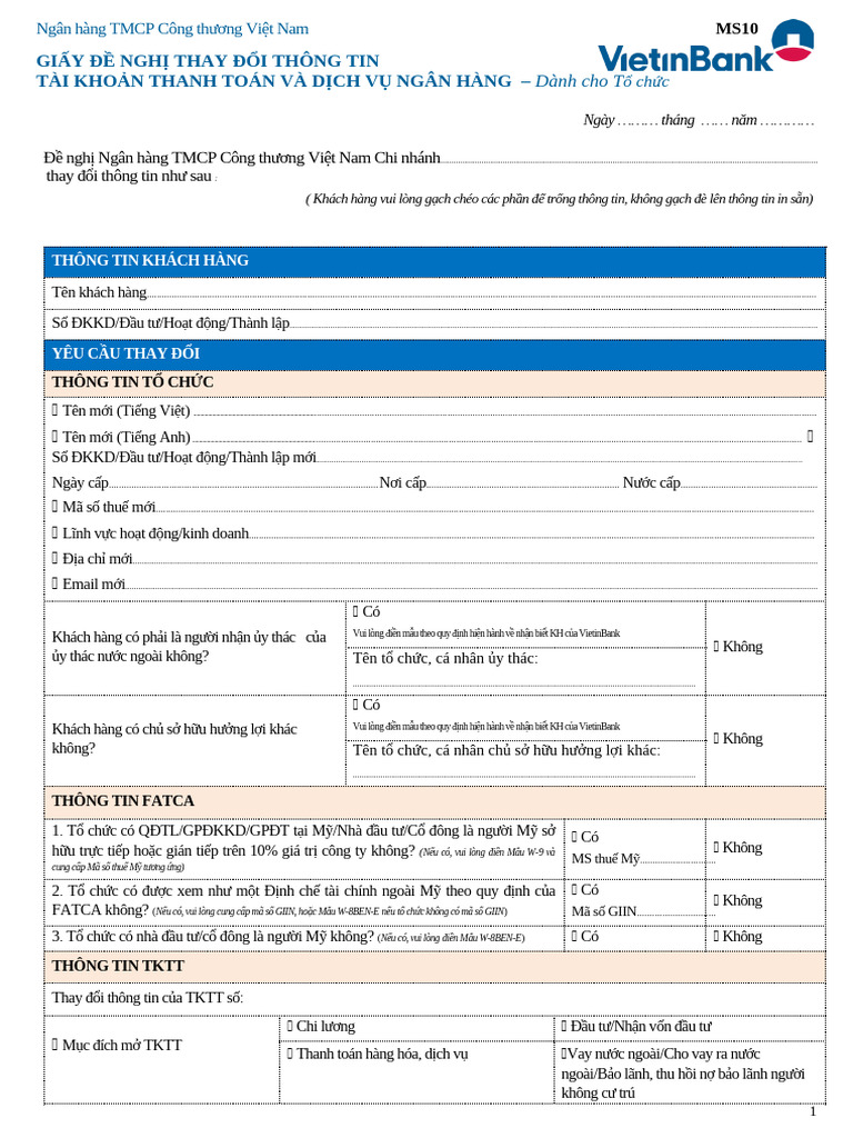 MS10 - Mau de Nghi Thay Doi Thong Tin TKTT - To Chuc | PDF