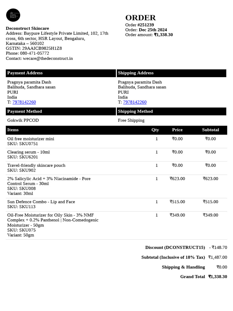 Order Summary for Deconstruct Skincare | PDF