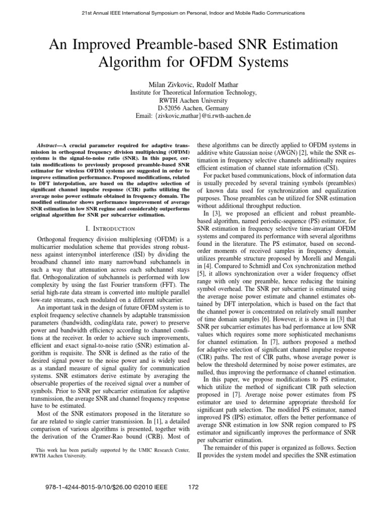 An Improved Preamble-Based SNR Estimation Algorithm For OFDM Systems ...
