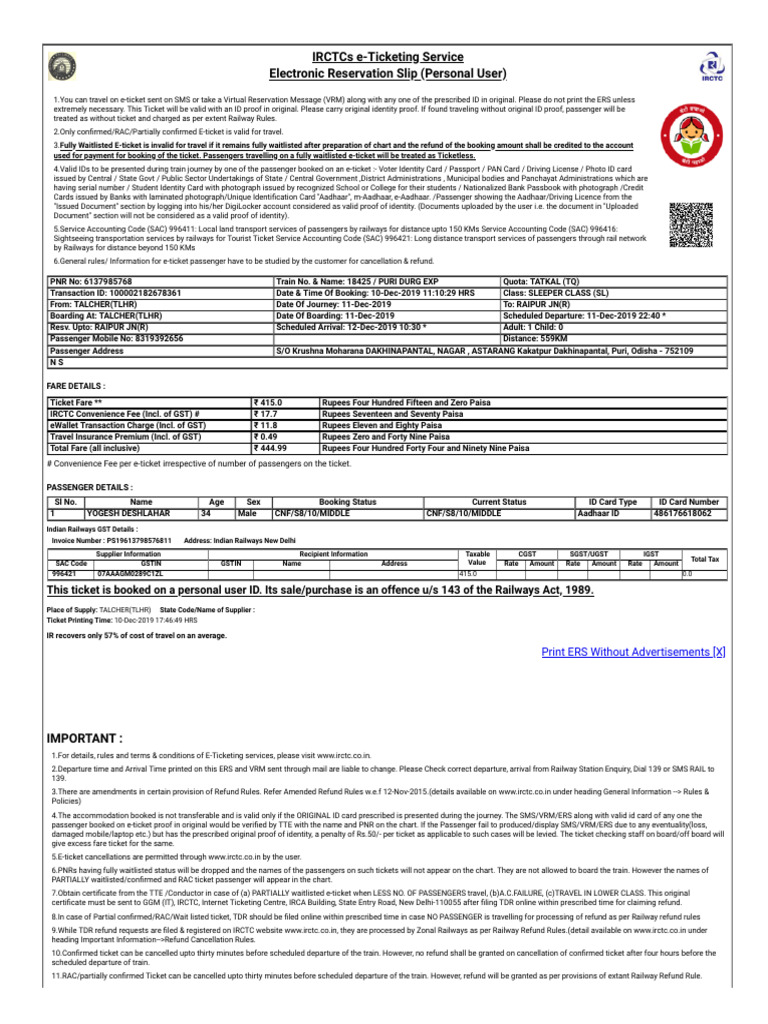 IRCTC e-Ticketing Guidelines and Details | PDF | Identity Document