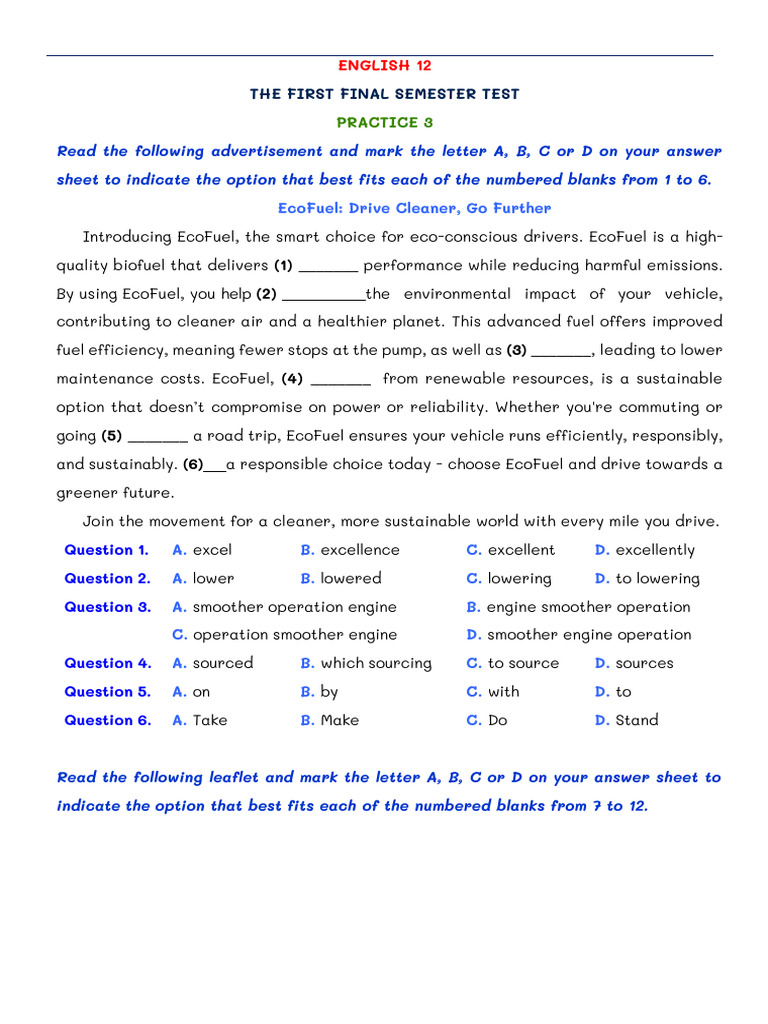 Global success 12 - Practice for The first semester test 4 | PDF ...