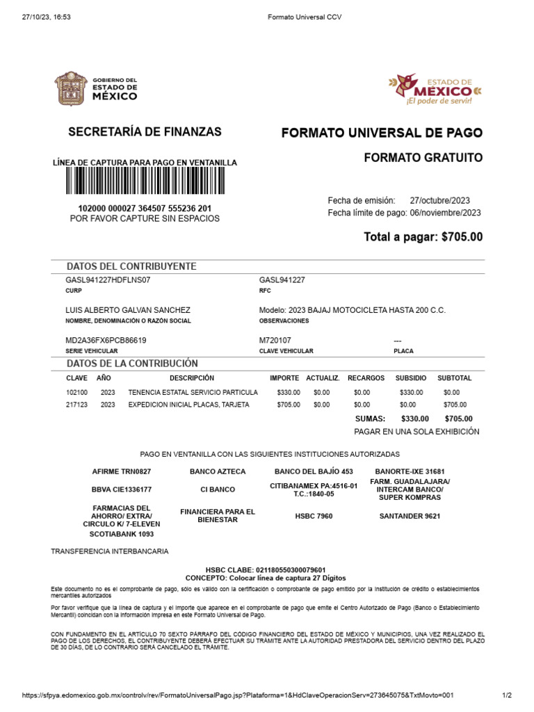 Formato Universal de Pago Tenencia 2023 | PDF | Bancos | Economias