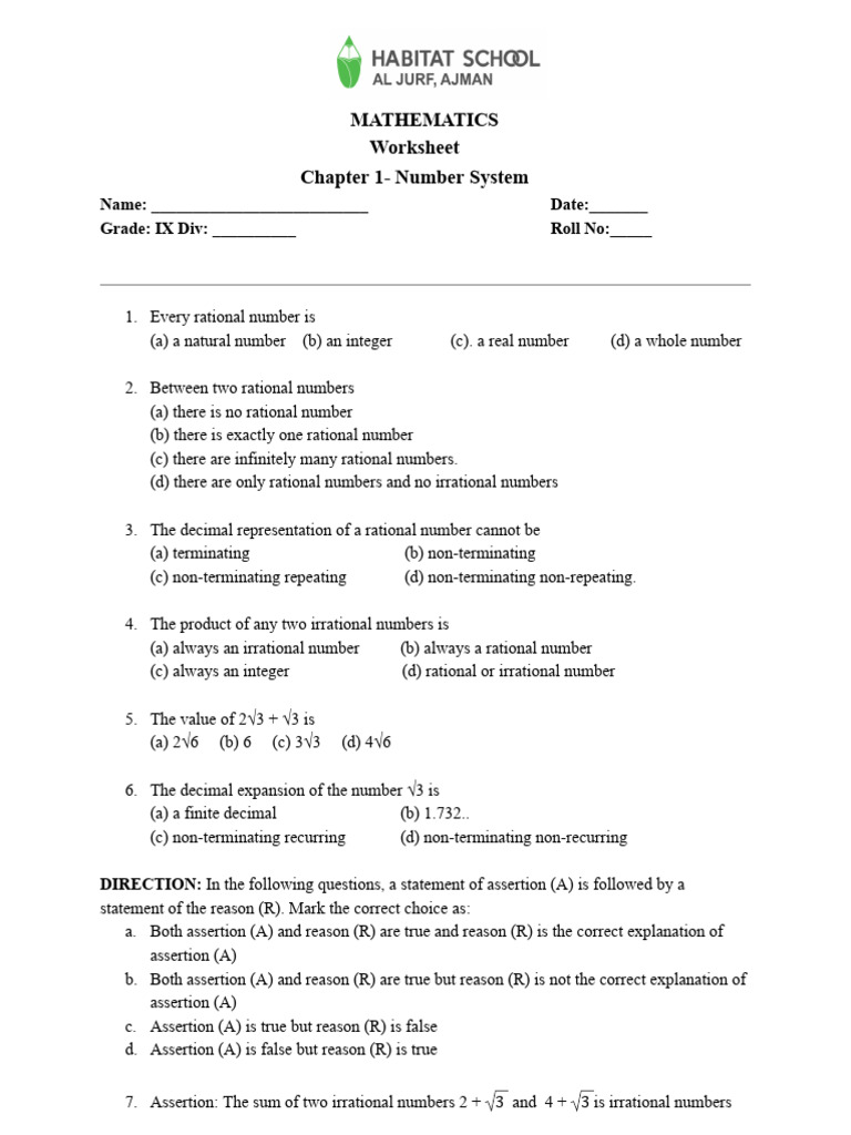 Grade 9 Math Worksheet: Number System | PDF | Numbers | Rational Number