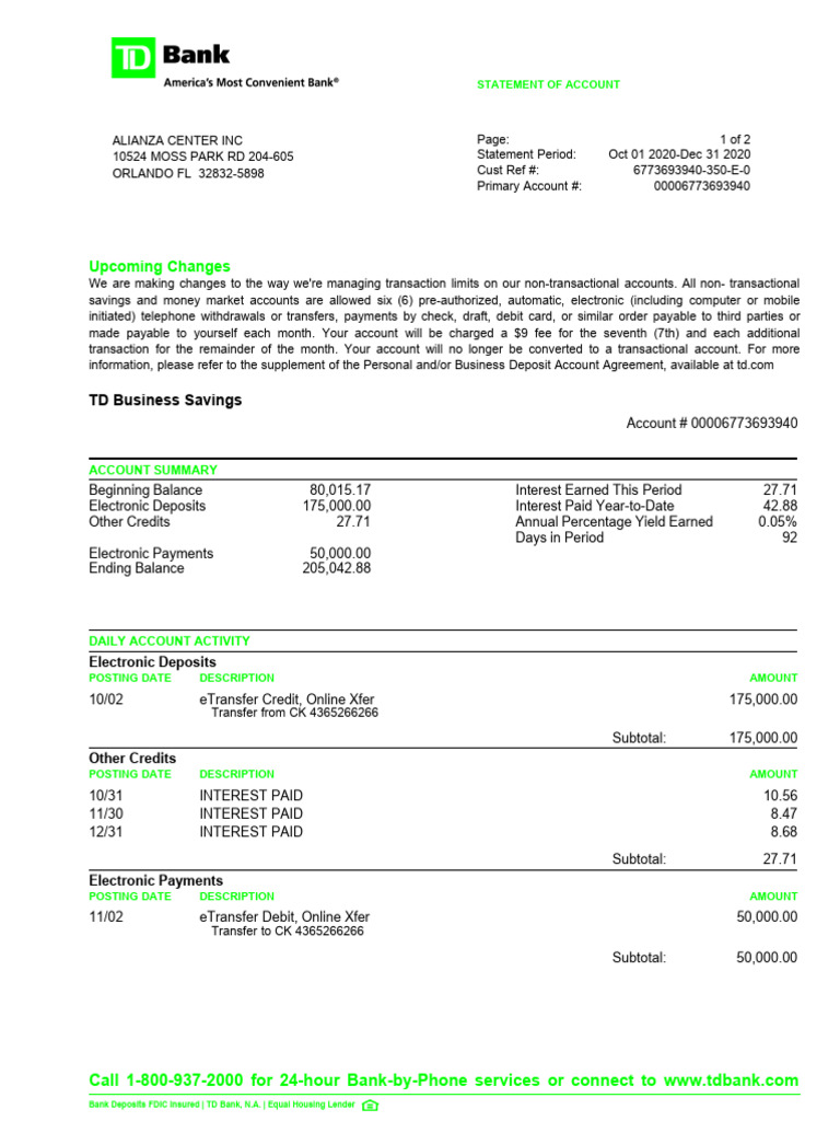 TD Bank Account Statement Summary | PDF | Credit Card | Banks