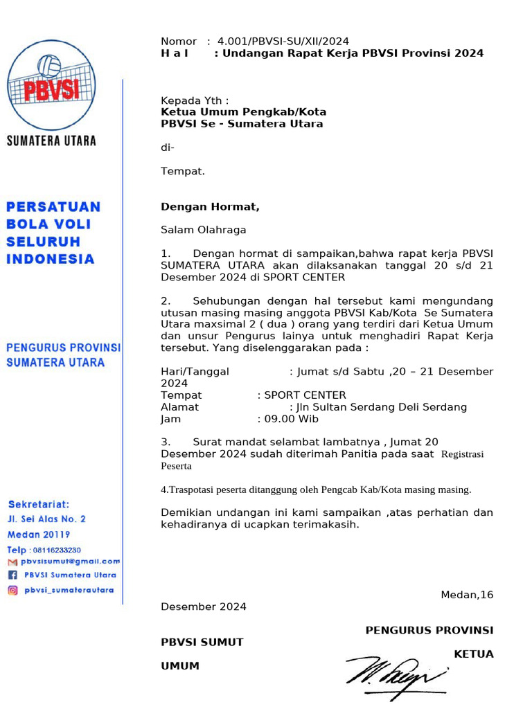 Undangan Raker PBVSI Sumut 2024 | PDF