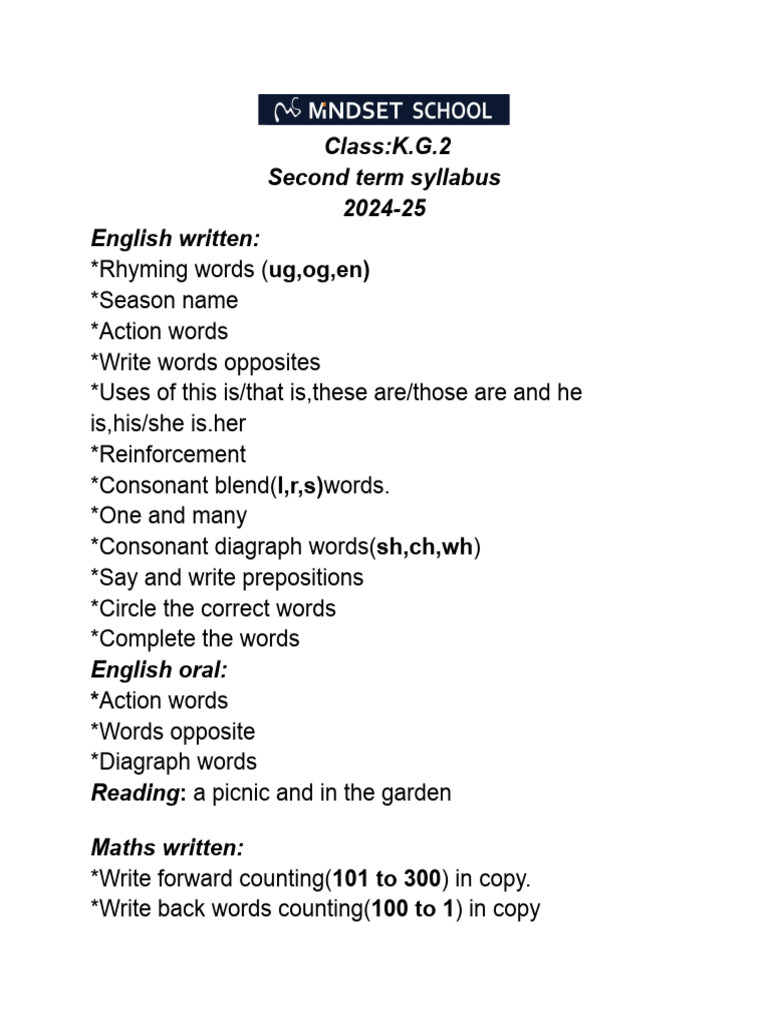 KG 2 Second Term English Syllabus | PDF | Linguistics