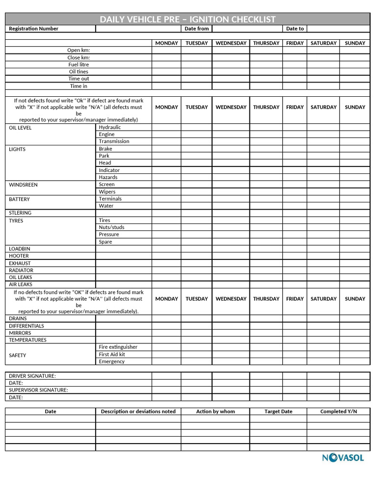 Daily Vehicle Pre-Ignition Checklist | PDF