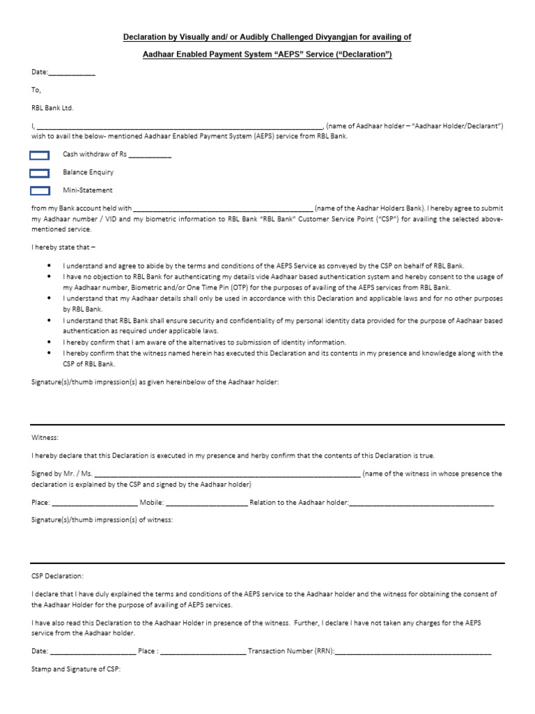AEPS Declaration for Divyangjan | PDF | Applications Of Cryptography ...