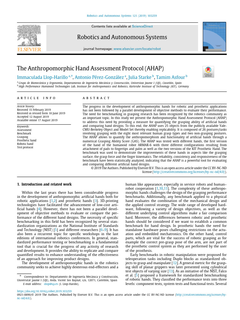 Anthropomorphic Hand Assessment Protocol | PDF | Prosthesis | Robotics