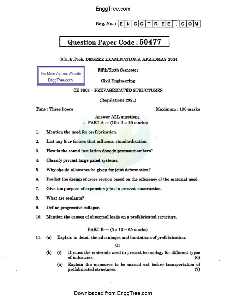 CE3003 Prefabricated Structures Apr May 2024 Question Paper Download | PDF