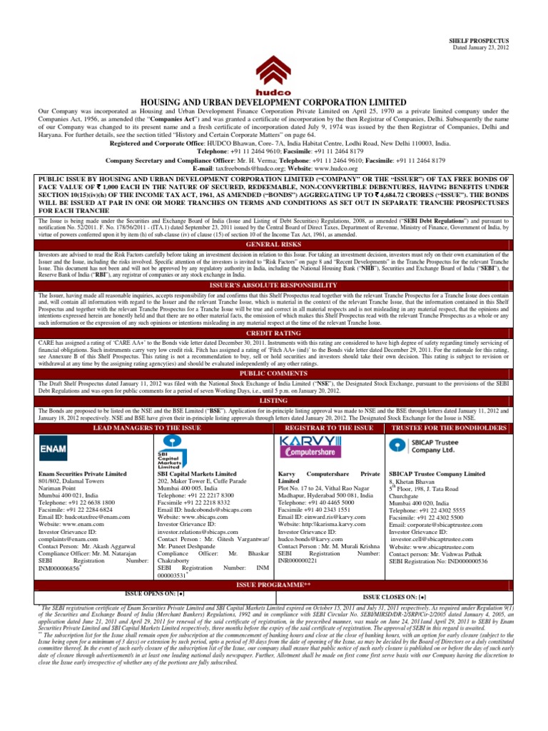 HUDCO Tax Free Bonds - Shelf Prospectus | PDF | Interest | Bonds (Finance)