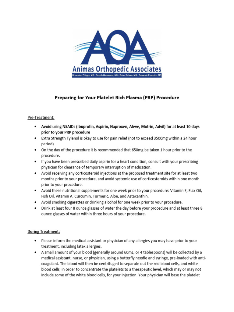 PRP Procedure: Pre & Post Treatment Guide | PDF | Pain | Injection ...