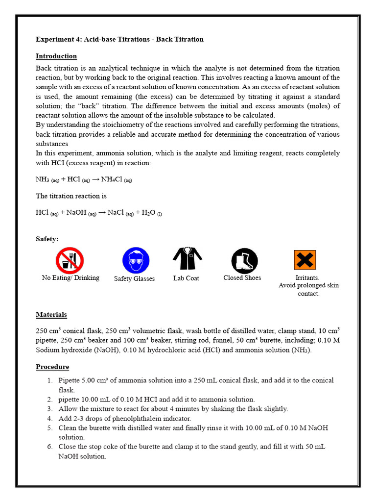 PMCH110 Experiment 4-Acid-Base Titrations Back Titration | PDF ...