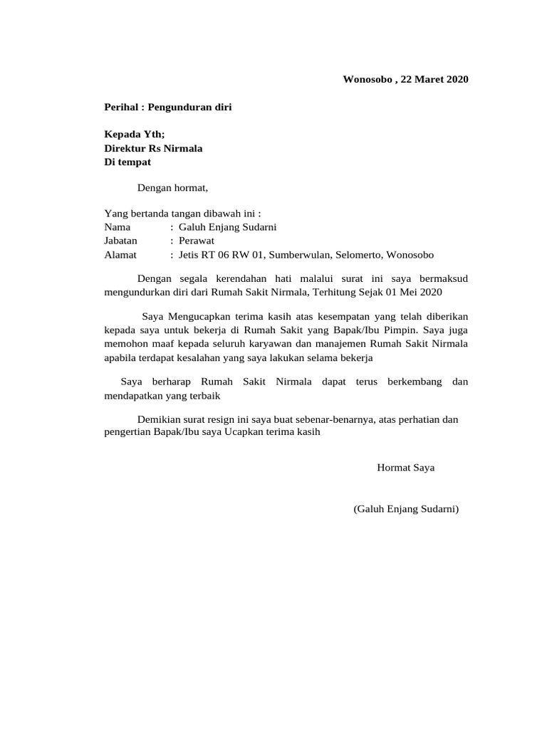 Surat Pengunduran Diri Perawat Wonosobo | PDF